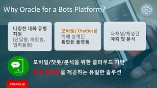 다양한 대화 유형
지원
(단답형, 복합형,
입력폼형)
모바일/ ChatBot을
위해 설계된
통합된 플랫폼
다채널/채널간
예측 및 분석
Why Oracle for a Bots Platform?
33
모바일/챗봇/분석을 위...
