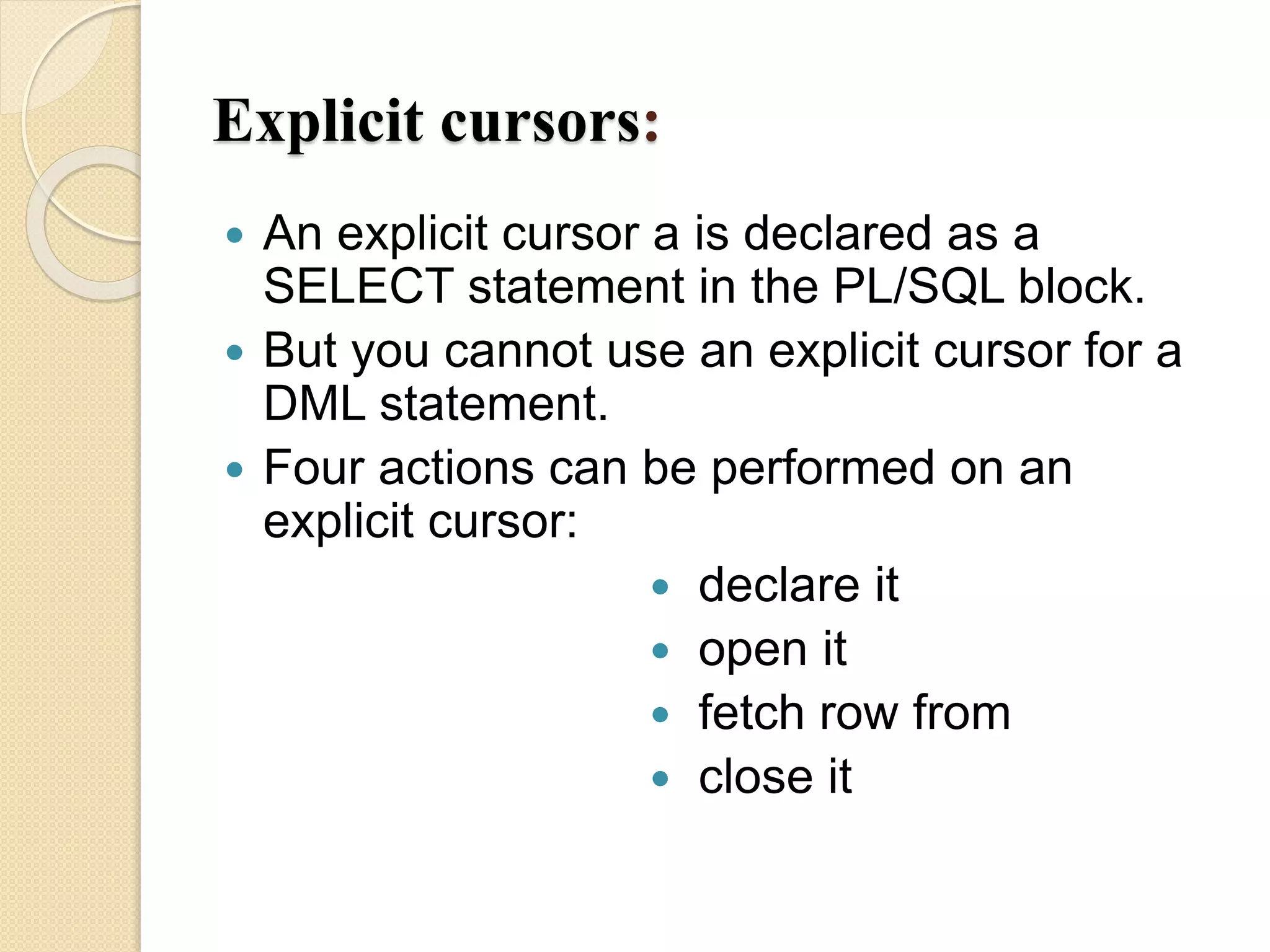 Oracel CURSOR AND EXCEPTIONS | PPT