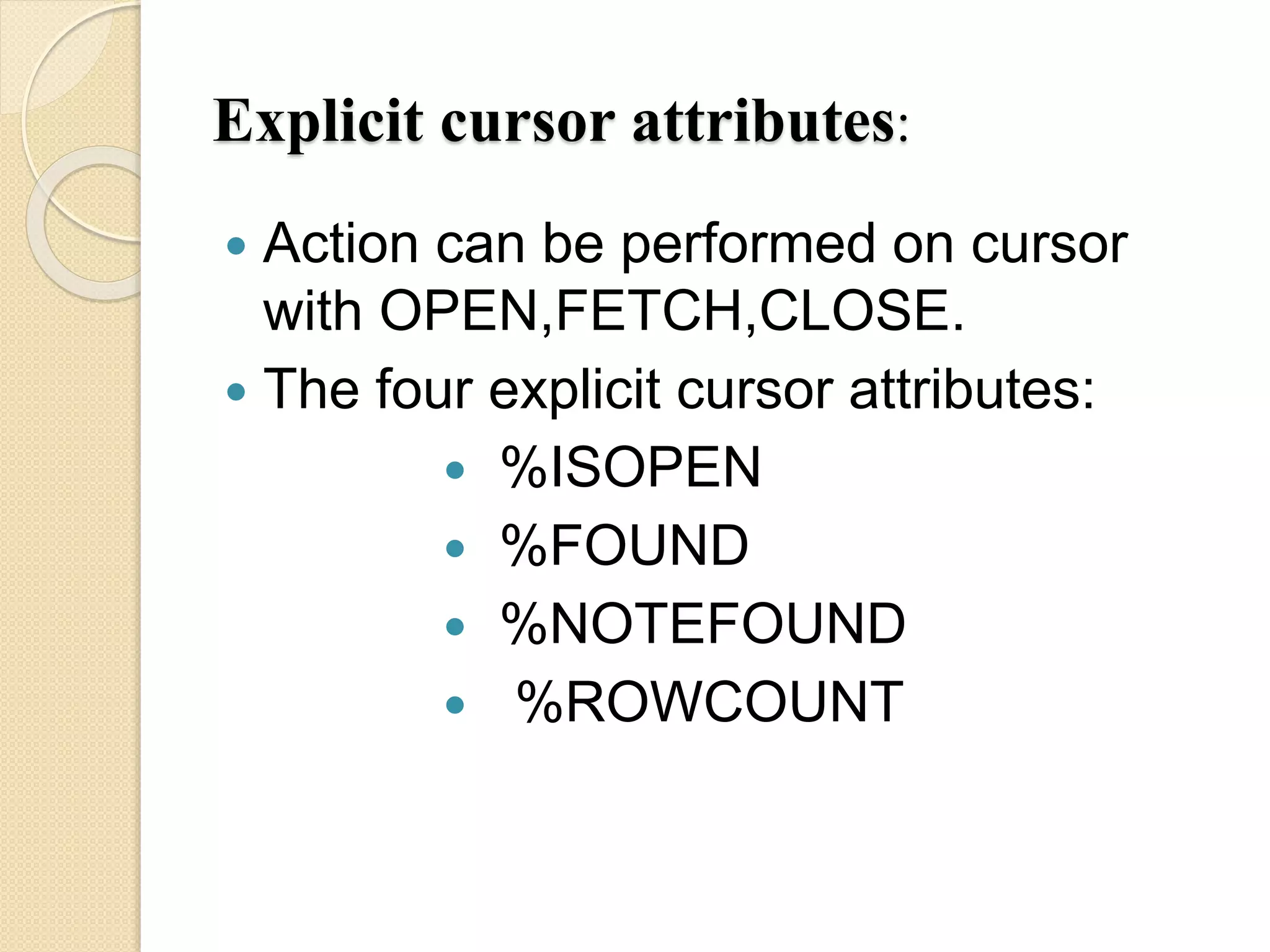 Oracel CURSOR AND EXCEPTIONS | PPT
