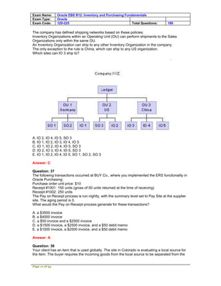Exam Name:      Oracle EBS R12: Inventory and Purchasing Fundamentals
Exam Type:      Oracle
Exam Code:      1Z0-225                                      Total Questions:           189

The company has defined shipping networks based on these policies:
Inventory Organizations within an Operating Unit (OU) can perform shipments to the Sales
Organizations only within the same OU.
An Inventory Organization can ship to any other Inventory Organization in the company.
The only exception to the rule is China, which can ship to any US organization.
Which sites can IO 3 ship to?




A. IO 2, IO 4, IO 5, SO 3
B. IO 1, IO 2, IO 3, IO 4, IO 5
C. IO 1, IO 2, IO 4, IO 5, SO 3
D. IO 2, IO 3, IO 4, IO 5, SO 3
E. IO 1, IO 2, IO 4, IO 5, SO 1, SO 2, SO 3

Answer: C

Question: 37
The following transactions occurred at BUY Co., where you implemented the ERS functionality in
Oracle Purchasing:
Purchase order unit price: $10
Receipt #1001: 150 units (gross of 50 units returned at the time of receiving)
Receipt #1002: 250 units
The Pay on Receipt process is run nightly, with the summary level set to Pay Site at the supplier
site. The aging period is 0.
What would the Pay on Receipt process generate for these transactions?

A. a $3500 invoice
B. a $4000 invoice
C. a $50 invoice and a $2500 invoice
D. a $1500 invoice, a $2500 invoice, and a $50 debit memo
E. a $1000 invoice, a $2500 invoice, and a $50 debit memo

Answer: A

Question: 38
Your client has an item that is used globally. The site in Colorado is evaluating a local source for
the item. The buyer requires the incoming goods from the local source to be separated from the


Page 11 of 53
 