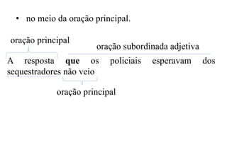 • no meio da oração principal.
A resposta que os policiais esperavam dos
sequestradores não veio
oração principal
oração principal
oração subordinada adjetiva
 