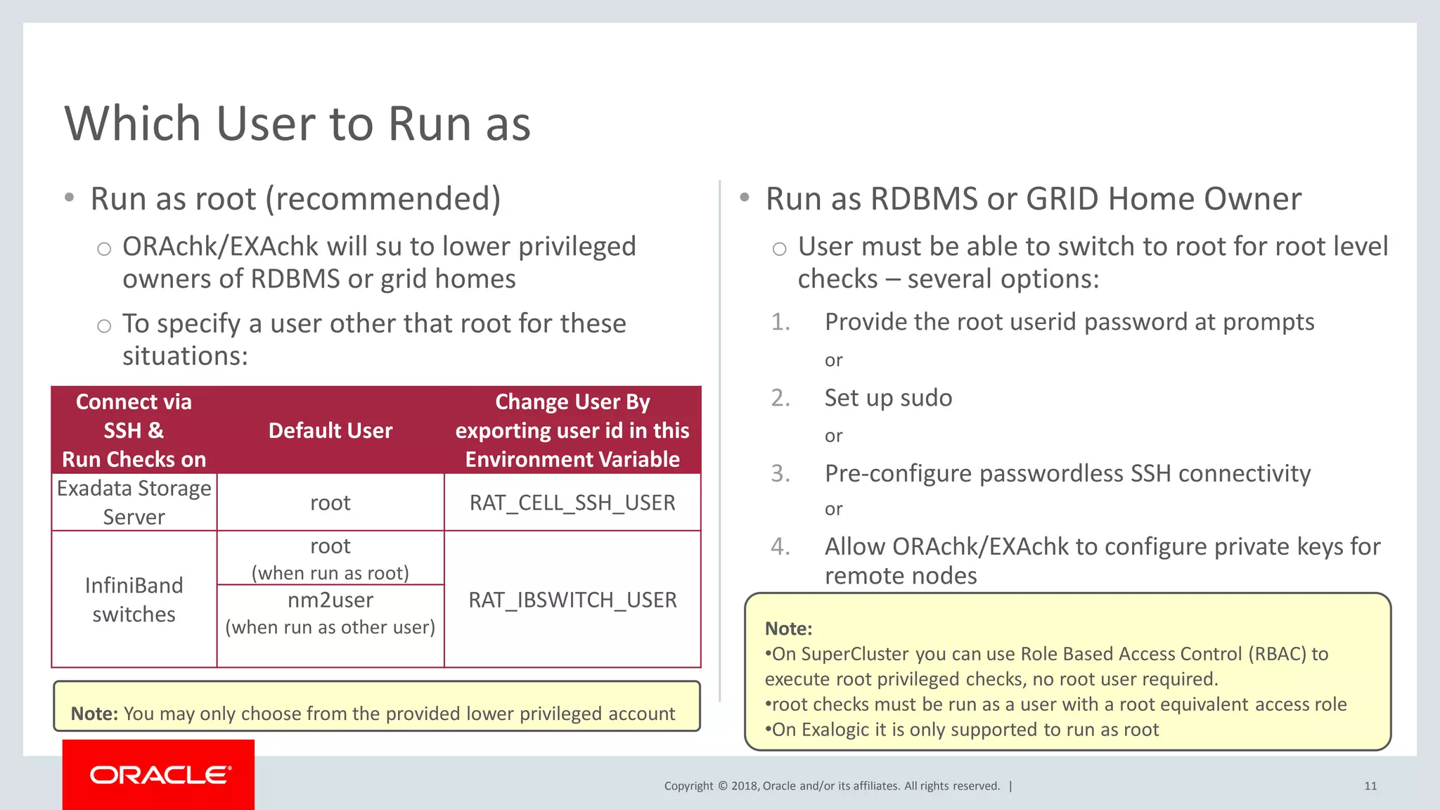 Copyright © 2018, Oracle and/or its affiliates. All rights reserved. |
• Run as root (recommended)
o ORAchk/EXAchk will su to lower privileged
owners of RDBMS or grid homes
o To specify a user other that root for these
situations:
• Run as RDBMS or GRID Home Owner
o User must be able to switch to root for root level
checks – several options:
1. Provide the root userid password at prompts
or
2. Set up sudo
or
3. Pre-configure passwordless SSH connectivity
or
4. Allow ORAchk/EXAchk to configure private keys for
remote nodes
Which User to Run as
Connect via
SSH &
Run Checks on
Default User
Change User By
exporting user id in this
Environment Variable
Exadata Storage
Server
root RAT_CELL_SSH_USER
InfiniBand
switches
root
(when run as root)
RAT_IBSWITCH_USERnm2user
(when run as other user)
11
Note: You may only choose from the provided lower privileged account
Note:
•On SuperCluster you can use Role Based Access Control (RBAC) to
execute root privileged checks, no root user required.
•root checks must be run as a user with a root equivalent access role
•On Exalogic it is only supported to run as root
 