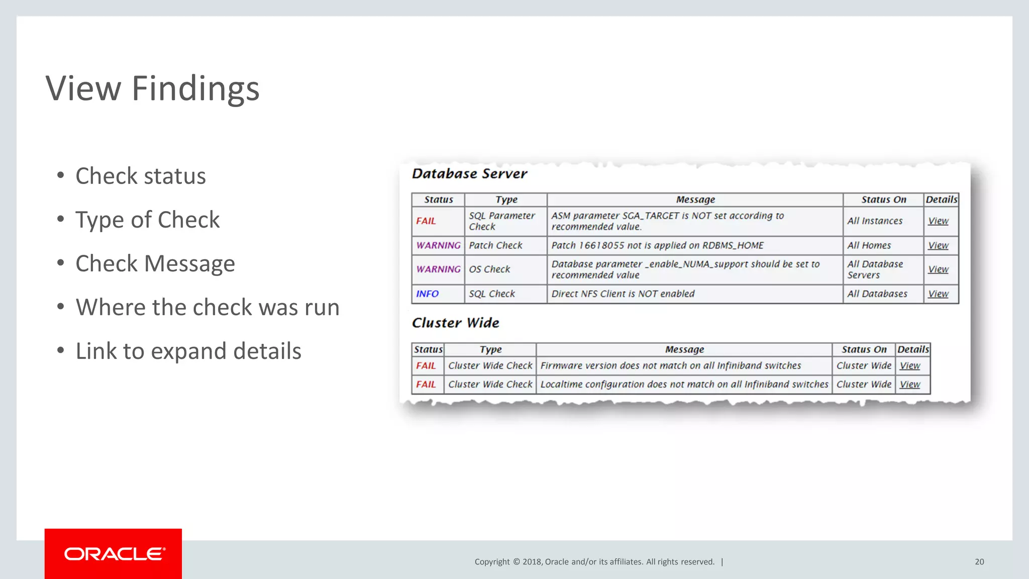 Copyright © 2018, Oracle and/or its affiliates. All rights reserved. |
View Findings
• Check status
• Type of Check
• Check Message
• Where the check was run
• Link to expand details
20
 