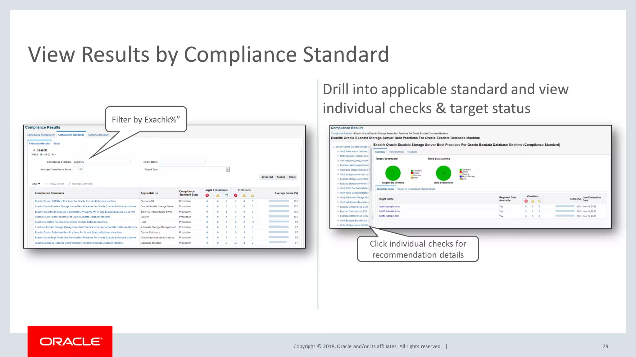 Copyright © 2018, Oracle and/or its affiliates. All rights reserved. |
Drill into applicable standard and view
individual checks & target status
79
View Results by Compliance Standard
Filter by Exachk%”
Click individual checks for
recommendation details
 
