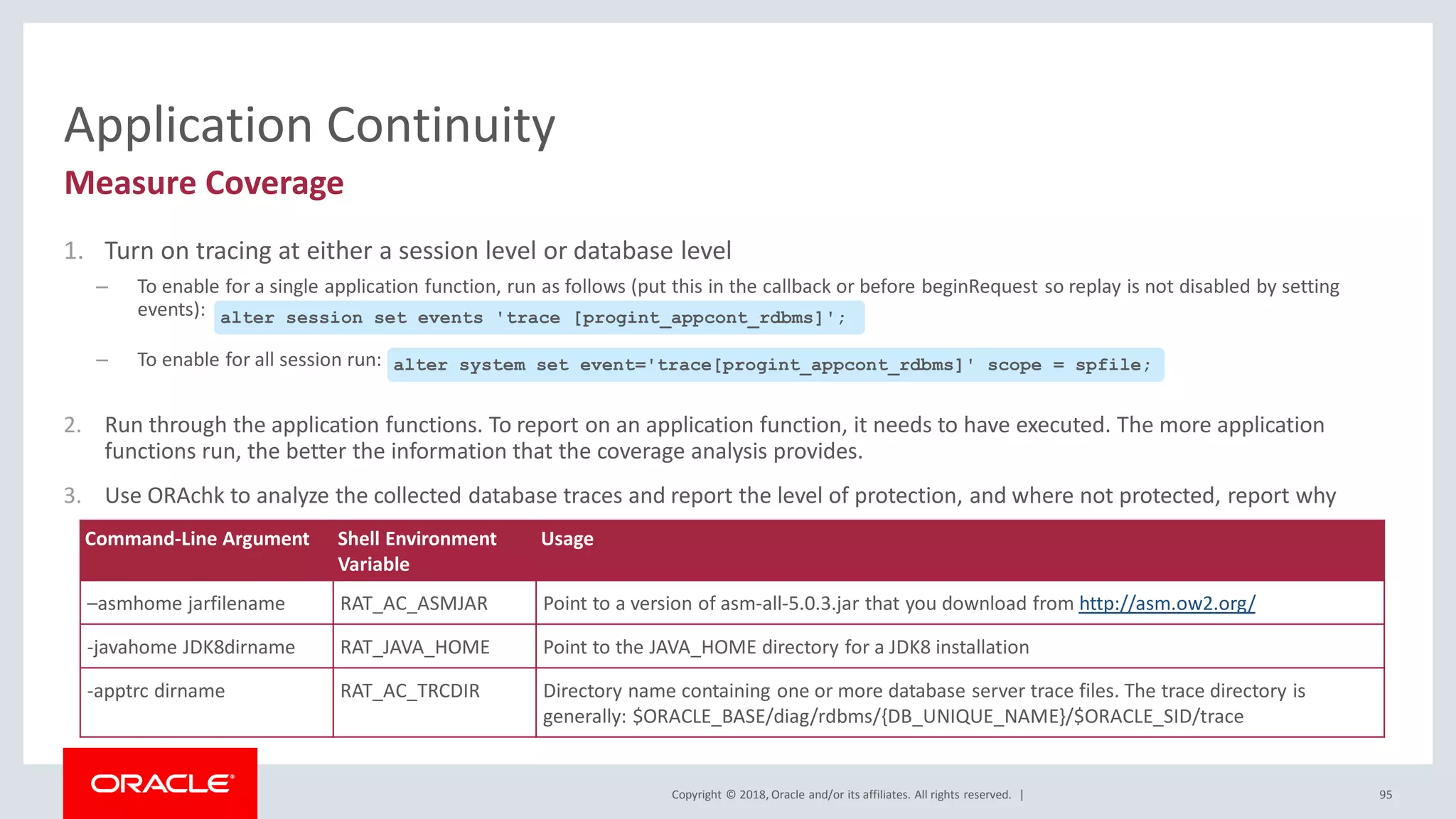 Copyright © 2018, Oracle and/or its affiliates. All rights reserved. |
Application Continuity
1. Turn on tracing at either a session level or database level
– To enable for a single application function, run as follows (put this in the callback or before beginRequest so replay is not disabled by setting
events):
– To enable for all session run:
2. Run through the application functions. To report on an application function, it needs to have executed. The more application
functions run, the better the information that the coverage analysis provides.
3. Use ORAchk to analyze the collected database traces and report the level of protection, and where not protected, report why
95
Measure Coverage
Command-Line Argument Shell Environment
Variable
Usage
–asmhome jarfilename RAT_AC_ASMJAR Point to a version of asm-all-5.0.3.jar that you download from http://asm.ow2.org/
-javahome JDK8dirname RAT_JAVA_HOME Point to the JAVA_HOME directory for a JDK8 installation
-apptrc dirname RAT_AC_TRCDIR Directory name containing one or more database server trace files. The trace directory is
generally: $ORACLE_BASE/diag/rdbms/{DB_UNIQUE_NAME}/$ORACLE_SID/trace
alter session set events 'trace [progint_appcont_rdbms]';
alter system set event='trace[progint_appcont_rdbms]' scope = spfile;
 