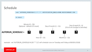 Copyright © 2018, Oracle and/or its affiliates. All rights reserved. |
Schedule
?
Hour (0 – 23)
? ? ?
Day of month (1 – 31)
Month (1 – 12)
Day of week (0 – 6)
(0 to 6 are Sunday to Saturday)
example: -set 'AUTORUN_SCHEDULE=8,20 * * 2,5' will schedule runs on Tuesday and Friday at 08:00 & 20:00
AUTORUN_SCHEDULE =
1616
-set “AUTORUN_SCHEDULE=0 3 * * * ;NOTIFICATION_EMAIL=SOME.BODY@COMPANY.COM
-d start
?
Minute (0 – 59)
Optional - default 0 if unset)
 