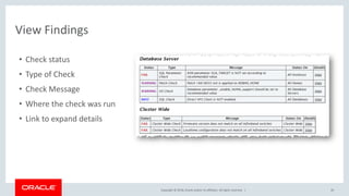 Copyright © 2018, Oracle and/or its affiliates. All rights reserved. |
View Findings
• Check status
• Type of Check
• Check Message
• Where the check was run
• Link to expand details
20
 