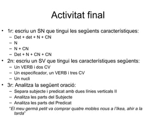 Activitat final <ul><li>1r: escriu un SN que tingui les següents característiques: </li></ul><ul><ul><li>Det + det + N + C...