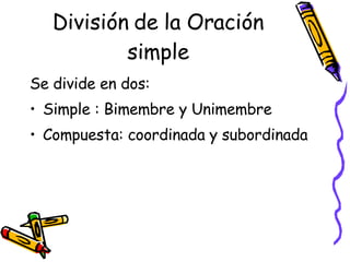División de la Oración simple Se divide en dos: Simple : Bimembre y Unimembre Compuesta: coordinada y subordinada