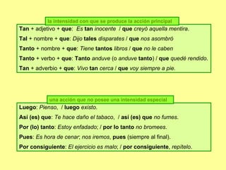 Tan  + adjetivo +  que :  Es   tan   inocente   /  que   creyó aquella mentira . Tal  + nombre +  que :  Dijo   tales   disparates  /  que   nos asombró Tanto  + nombre +  que :  Tiene   tantos   libros  /  que   no le caben Tanto  + verbo +  que :  Tanto   anduve  (o  anduve   tanto ) /  que   quedé rendido . Tan  + adverbio +  que :  Vivo   tan   cerca  /  que   voy siempre a pie. la intensidad con que se produce la acción principal Luego :  Pienso ,  /  luego   existo . Así (es) que :  Te hace daño el tabaco ,  /  así (es) que   no fumes . Por (lo) tanto :  Estoy enfadado ; /  por lo tanto   no bromees . Pues :  Es hora de cenar ;  nos iremos ,  pues  (siempre al final). Por consiguiente :  El ejercicio es malo ; /  por consiguiente ,  repítelo . una acción que no posee una intensidad especial 