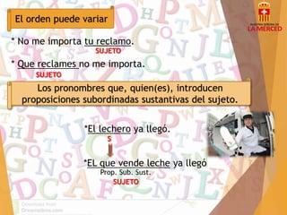 * No me importa tu reclamo. 
SUJETO 
*El lechero ya llegó. 
S 
*EL que vende leche ya llegó 
SUJETO 
El orden puede variar 
* Que reclames no me importa. 
SUJETO 
Los pronombres que, quien(es), introducen 
proposiciones subordinadas sustantivas del sujeto. 
Prop. Sub. Sust. 
 