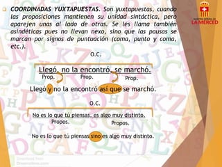  COORDINADAS YUXTAPUESTAS. Son yuxtapuestas, cuando 
las proposiciones mantienen su unidad sintáctica, pero 
aparejen unas al lado de otras. Se les llama también 
asindéticas pues no llevan nexo, sino que las pausas se 
marcan por signos de puntuación (coma, punto y coma, 
etc.). 
Llegó, no la encontró, se marchó. 
Prop. Prop. 
No es lo que tú piensas, es algo muy distinto. 
Propos. 
O.C. 
Prop. 
Llegó y no la encontró así que se marchó. 
O.C. 
Propos. 
No es lo que tú piensas sino es algo muy distinto. 
 
