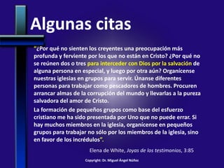 Algunas citas
“¿Por qué no sienten los creyentes una preocupación más
profunda y ferviente por los que no están en Cristo? ¿Por qué no
se reúnen dos o tres para interceder con Dios por la salvación de
alguna persona en especial, y luego por otra aún? Organícense
nuestras iglesias en grupos para servir. Únanse diferentes
personas para trabajar como pescadores de hombres. Procuren
arrancar almas de la corrupción del mundo y llevarlas a la pureza
salvadora del amor de Cristo.
La formación de pequeños grupos como base del esfuerzo
cristiano me ha sido presentada por Uno que no puede errar. Si
hay muchos miembros en la iglesia, organícense en pequeños
grupos para trabajar no sólo por los miembros de la iglesia, sino
en favor de los incrédulos”.
Elena de White, Joyas de los testimonios, 3:85
Copyright: Dr. Miguel Ángel Núñez
 