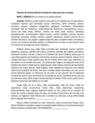 Oración de ministración de sanidad en cada parte de tu cuerpo
      NRO 1. CABEZA (Pon tu mano en tu cabeza ahora)
       Oración: Ordeno a todo espíritu inmundo en mi cabeza que se vaya ahora.
Cualquier espíritu que pretenda causar: derrames, daño cerebral, cáncer,
tumores, quistes, coágulos sanguíneos, epilepsia, meningitis, hidrocefalia,
senilidad, Mal de Parkinson, enfermedad de Alzheimer, esquizofrenia, locura,
sicosis de toda clase, delirios, manías de toda clase, pánico, ansiedad,
desesperación, alucinaciones, doble animo, mente dividida, retraso mental,
confusión, amnesia, olvidos, nervios, tensión, demencia, ¡fuera! ¡Fuera! ¡En el
nombre de Jesús! ¡Los sujeto y aplasto bajo mis pies a ustedes todos inmundos y
se van, ya no tienen derecho, poder, ni influencia en mi vida, se van ahora!! Lavo
mi mente con la sangre de Jesús. (Repetir).
      Ordeno ahora que salga todo inmundo que pretenda causar: presión,
migrañas, jaquecas, pérdida del sueño, insomnio, pérdida del cabello, pesadillas,
tormento mental, suicidio. ¡Fuera en el nombre de Jesús! Ordeno ahora que se
vaya todo espíritu de ocultismo, hechicería, brujería, control mental, ¡fuera! en el
nombre de Jesús. Todo espíritu que ata mi mente ahora tiene que soltarme, te
vas ahora, en el nombre de Jesús. ¡Te ordeno que salgas y no regreses más, en el
nombre de Jesús!! ¡Toda lujuria, toda lascivia, toda tortura mental, pensamientos
impuros, los malos deseos, toda frigidez, toda impotencia, ahora se van!! Ahora
¡fuera en el nombre de Jesús! ¡Los ato a ustedes todos inmundos y se van, ya no
tienen derecho poder, ni influencia en mi vida, se van ahora!! ¡En el poderoso
nombre de Jesús!! Lavo mi mente con la sangre de Jesús. ¡Confieso ahora que soy
una persona sana, libre, limpia, restaurada por mi Señor Cristo Jesús, quien vino a
deshacer toda obra del diablo en mi vida!
       ¡Toda falta de fe a Dios, toda incredulidad, falta de amor, falta de
esperanza, toda irreverencia hacia Dios, toda depresión, desanimo,
estancamiento, toda ceguera espiritual ahora se van, ahora en el nombre de
Jesús, los sujeto y aplasto bajo mis pies, los resisto y echo fuera de mi vida y les
ordeno, no regresen más! (Ahora vas a nombrar tu afección, si hay enfermedad
que te aqueja en la cabeza:__________________).
       Ahora, ordeno sanidad, en este momento. ¡Soy una persona limpia, sana,
libre!! ¡Recibo tu sanidad, acepto tu sanidad, Padre Santo en el nombre de Jesús!!
Ahora confiese sanidad, diga: FUI SANADO DE_______________.
 