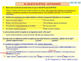 EL SUJETO ELÍPTICO - ACTIVIDADES
   1.   Marca las oraciones de este texto en que el SUJETO sea ELÍPTICO.
        Pedro y Cristina han ido hoy a pasar el día en el campo. Han salido esta mañana muy temprano en
        autobús. Llevaban la comida en una mochila enorme. Se lo pasarán muy bien. Les encanta la
        naturaleza.
   2.   Señala las oraciones con sujeto elíptico e intenta recuperarlo fijándote en el contexto.
       Gema me dio el regalo.                               Era muy bonito.
       Felipe y Nuria son hermanos.                         Sin embargo, apenas se parecen.
       Encontramos a Pedro dormido en el sillón.            No nos oyó entrar.
       No olvides regar las plantas.                        Están un poco mustias.

   3. ¿Es correcto omitir el sujeto en el siguiente caso? ¿Por qué?
        Javier vendrá mañana y Lucía el viernes. Me dijo que cogería el tren.

   En este caso no debemos omitir el sujeto ya que esto llevaría a confusión: ¿Quién me lo dijo?
       ¿Quién cogerá el tren?                ¿Lucía?                ¿Javier?

   4. Localiza los sujetos correspondientes a los verbos destacados.
        El cruel rey Minos gobernaba la isla de Creta. La mala fama de este rey se había extendido hacia
        todos los lugares.
                                                                      Él (el rey)
        Un día, el rey mandó llamar a un famoso inventor llamado Dédalo. Le envió un mensaje para que
Él (Dédalo)
        acudiera a su reino:
                       Tú                            Yo                                  Yo
     Tú - Ven, Dédalo, y trae también a tu hijo Ícaro, tengo un trabajo para ti. Y, además, pago muy bien.
                                                                (G. M.ª Caughrean y T. Ross: Dédalo e Ícaro)
 