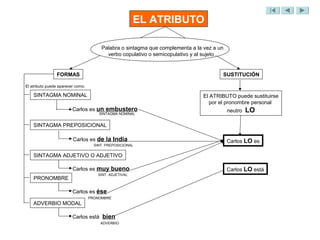EL ATRIBUTO

                                        Palabra o sintagma que complementa a la vez a un
                                          verbo copulativo o semicopulativo y al sujeto .


                FORMAS                                                                  SUSTITUCIÓN

El atributo puede aparecer como:

    SINTAGMA NOMINAL                                                            El ATRIBUTO puede sustituirse
                                                                                  por el pronombre personal
                         Carlos es un embustero                                             neutro   LO
                                       SINTAGMA NOMINAL


    SINTAGMA PREPOSICIONAL

                         Carlos es de la India                                              Carlos LO es
                                     SINT. PREPOSICIONAL


    SINTAGMA ADJETIVO O ADJETIVO

                         Carlos es muy bueno                                                Carlos LO está
                                       SINT. ADJETIVAL
    PRONOMBRE

                         Carlos es ése
                                   PRONOMBRE
    ADVERBIO MODAL

                         Carlos está bien
                                        ADVERBIO
 