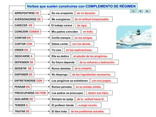 Verbos que suelen construirse con COMPLEMENTO DE RÉGIMEN
ARREPENTIRSE DE       No me arrepiento       de mi decisión.

AVERGONZARSE DE       Me avergüenzo        de mi actitud irresponsable.

CARECER DE            El trabajo carece      de rigor.

COINCIDIR CON/EN      Mis padres coinciden        en todo.

CONFIAR EN            Confía siempre       en tus amigos.

CONTAR CON            Debes contar     con los demás.

CREER EN              Yo creo      en tus explicaciones.

DEDICARSE A           Ella se dedica      al estudio de los pingüinos.

DEPENDER DE           Su futuro depende        de su esfuerzo y dedicación.

DESISTIR DE           Nunca desistas       de tu empeño.

DISPONER DE           No dispongo      de los ingredientes necesarios.

ENTRETENERSE CON      Los pingüinos se entretienen          con sus juegos.

PENSAR EN             Romeo pensaba         en su amada Julieta.

PREOCUPARSE DE/ POR   Los padres se preocupan            de/por sus hijos.

QUEJARSE DE           Siempre se queja       de tu actitud hacia él.

TENDER A              El profesor tiende      a exigir mucho.

TRATAR DE             El libro trata   de los problemas actuales.
 