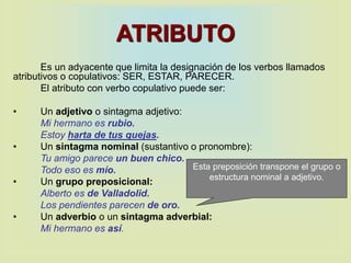 ATRIBUTO
Es un adyacente que limita la designación de los verbos llamados
atributivos o copulativos: SER, ESTAR, PARECER.
El atributo con verbo copulativo puede ser:
• Un adjetivo o sintagma adjetivo:
Mi hermano es rubio.
Estoy harta de tus quejas.
• Un sintagma nominal (sustantivo o pronombre):
Tu amigo parece un buen chico.
Todo eso es mío.
• Un grupo preposicional:
Alberto es de Valladolid.
Los pendientes parecen de oro.
• Un adverbio o un sintagma adverbial:
Mi hermano es así.
Esta preposición transpone el grupo o
estructura nominal a adjetivo.
 