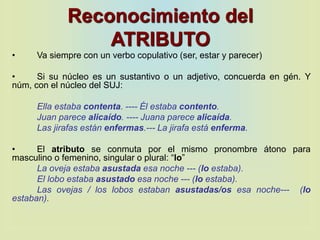 Reconocimiento del
ATRIBUTO
• Va siempre con un verbo copulativo (ser, estar y parecer)
• Si su núcleo es un sustantivo o un adjetivo, concuerda en gén. Y
núm, con el núcleo del SUJ:
Ella estaba contenta. ---- Él estaba contento.
Juan parece alicaído. ---- Juana parece alicaída.
Las jirafas están enfermas.--- La jirafa está enferma.
• El atributo se conmuta por el mismo pronombre átono para
masculino o femenino, singular o plural: “lo”
La oveja estaba asustada esa noche --- (lo estaba).
El lobo estaba asustado esa noche --- (lo estaba).
Las ovejas / los lobos estaban asustadas/os esa noche--- (lo
estaban).
 