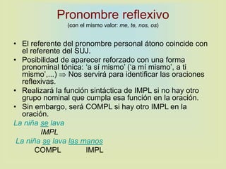 Pronombre reflexivo
(con el mismo valor: me, te, nos, os)
• El referente del pronombre personal átono coincide con
el referente del SUJ.
• Posibilidad de aparecer reforzado con una forma
pronominal tónica: ‘a sí mismo’ (‘a mí mismo’, a ti
mismo’,...)  Nos servirá para identificar las oraciones
reflexivas.
• Realizará la función sintáctica de IMPL si no hay otro
grupo nominal que cumpla esa función en la oración.
• Sin embargo, será COMPL si hay otro IMPL en la
oración.
La niña se lava
IMPL
La niña se lava las manos
COMPL IMPL
 