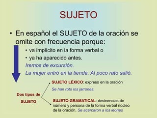 SUJETO
• En español el SUJETO de la oración se
omite con frecuencia porque:
• va implícito en la forma verbal o
• ya ha aparecido antes.
Iremos de excursión.
La mujer entró en la tienda. Al poco rato salió.
Dos tipos de
SUJETO
SUJETO LÉXICO: expreso en la oración
Se han roto los jarrones.
SUJETO GRAMATICAL: desinencias de
número y persona de la forma verbal núcleo
de la oración. Se acercaron a los leones
 