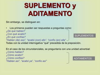 SUPLEMENTO y
ADITAMENTO
Sin embargo, se distinguen en:
• Los primeros pueden ser respuestas a preguntas como:
¿De qué hablan?
¿Con qué acabó?
¿En qué confías?
“Hablan (de) eso”, “acabó (con) ello”, “confío (en) ella”
Todas con la unidad interrogativa “qué” precedida de la preposición.
En el caso de los circunstanciales, se preguntaría con una unidad adverbial:
¿Cómo hablan?
¿Cómo acabó?
¿Cómo confías?
“Hablan así”, “acabó ya”, “confío así”
SUPLEMENTOS
ADITAMENTOS
 