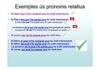 Exemples ús pronoms relatius
• El llibre que m’he comprat avui és molt interessant

• El llibre del que t’he parlat avui és molt interessant
    – El llibre de què t’he parlat avui és molt interessant

    La persona de la qui t’he parlat avui ha guanyat un premi
    – La persona de qui t’he parlat avui ha guanyat un premi

• El carrer per on he passat avui és molt fosc

•   El llibre el qual m’he comprat avui és molt interessant
•   El llibre del qual t’he parlat avui és molt interessant
•   La persona de la qual t’he parlat avui és molt interessant
•   El carrer pel qual he passat avui és molt fosc
 