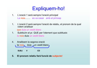 Expliquem-ho!
1.   L’oració 1 serà sempre l’oració principal
     La noia……. es va casar amb el príncep

1.    L’oració 2 serà sempre l’oració de relatiu, el pronom de la qual
      volem analitzar
     que duia un vestit blanc
1.    Subtituïm el pr. QUE per l’element que subtitueix
     la noia duia un vestit blanc

4.   Analitzem la segona oració
     la noia duia un vestit blanc

     SUBJ     V          CD

5.   El pronom relatiu farà funció de subjecte!
 