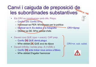 Canvi i caiguda de preposició ded
                              Q ua
                                   re p
 les subordinades substantives . 146
 • Els CRV es construeixen amb difs. Preps:
    – Confiar EN: Confio en tu
    – Interessar-se PER: M'interesso per la política
    – Dedicar-se A: Es dedica a la fotografia          CRV=Sprep
    – Oblidar-se DE: M'he oblidat d'ells

 • Davant conj QUE (que + oració): CAP prep.
    – Confio EN QUE demà plogui.
    – M'he oblidat DE QUE avui és dijous               CRV=or. sub. subst.
 • Davant infinitiu: només prep. A (+)/DE(-)
    – Confio EN a/de trobar nous amics a Mèxic.
    – M'he oblidat D'agafar l'esmorzar
 