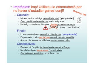 • Impròpies: imp! Utilitzeu la commutació per
  no haver d’estudiar gaires conj!!    Q ua
                                           dr e
                                                                   p. 1
  – Causals:                                                           86
     • Mirava molt el rellotge perquè feia tard. ( perquè+ind)
     • Com que hi havia molta cua, me’n vaig anar.
     • Ho vaig consultar al diccionari ja que no n’estava segur
                                     DONCS (conj coord il·lativa!)
  – Finals:
     • Li van donar diners perquè no digués res ( perquè+subj)
     • Espanta els ocells per tal que no se li mengin la collita
     • Anaven de vacances al febrer per no passar calor
  – Concessives:
     • Parlava bé l’anglès tot i que havia nascut a Praga.
     • No els ho diguis encara que t’ho exigeixin
     • Per més que insisteixis, no et faran cas
 