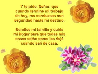 Y te pido, Señor, que
 cuando termine mi trabajo
de hoy, me conduzcas con
seguridad hasta mi destino.

 Bendice mi familia y cuida
mi hogar para que todas mis
 cosas estén como las dejé
    cuando salí de casa.
 