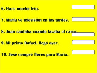 6. Hace mucho frío.
7. María ve televisión en las tardes.
8. Juan cantaba cuando lavaba el carro.
9. Mi primo Rafael, llegó ayer.
10. José compró flores para María.
 