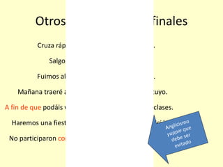 107
Otros transpositores finales
Cruza rápido, que no te pille ese coche.
Haremos una fiesta por que no se pierda la tradición.
Salgo a la calle por tomar el aire.
Fuimos al hotel de al lado a tomar café.
Mañana traeré a mi hijo a que juegue con el tuyo.
A fin de que podáis ver la carrera, cortaremos las clases.
No participaron con el objeto de no perjudicar a nadie.
 