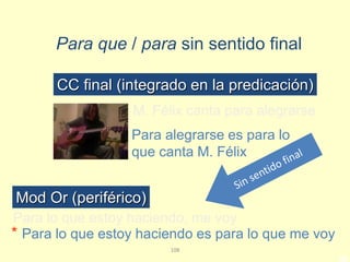 108
M. Félix canta para alegrarse
Para alegrarse es para lo
que canta M. Félix
CC final (integrado en la predicación)
Para lo que estoy haciendo, me voy
* Para lo que estoy haciendo es para lo que me voy
Mod Or (periférico)
20
Para que / para sin sentido final
 