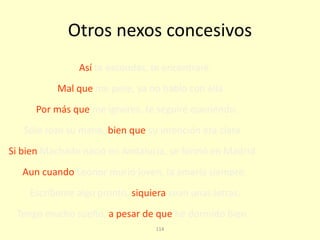 114
Otros nexos concesivos
Si bien Machado nació en Andalucía, se formó en Madrid.
Aun cuando Leonor murió joven, la amaría siempre.
Escríbeme algo pronto, siquiera sean unas letras.
Tengo mucho sueño, a pesar de que he dormido bien.
Sólo rozó su mano, bien que su intención era clara.
Así te escondas, te encontraré.
Por más que me ignores, te seguiré queriendo.
Mal que me pese, ya no hablo con ella.
 