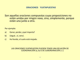 13
ORACIONES YUXTAPUESTAS
Son aquellas oraciones compuestas cuyas proposiciones no
están unidas por ningún nexo, sino, simplemente, porque
están una junto a otra.
Por ejemplo:
a) Ganar, perder, ¿qué importa?
b) Llegué , vi, vencí.
c) Ha llovido, el suelo está mojado.
LAS ORACIONES YUXTAPUESTAS PUEDEN TENER UNA RELACIÓN DE
COORDINACIÓN (a, b) O DE SUBORDINACIÓN ( c )
 