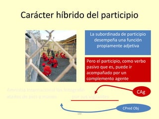 132
Carácter híbrido del participio
Amnistía Internacional los fotografió
La subordinada de participio
desempeña una función
propiamente adjetiva
atados de pies y manos
CPred Obj
por sus vigilantes
CAg
Pero el participio, como verbo
pasivo que es, puede ir
acompañado por un
complemento agente
 