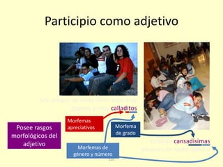 135
Participio como adjetivo
Estaban cansadísimas
después de tanto ajetreo
Los amigos de Urda salen aquí muy
guapos y muy calladitos
Posee rasgos
morfológicos del
adjetivo Morfemas de
género y número
Morfema
de grado
Morfemas
apreciativos
 