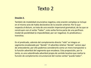 145
Texto 2
Oración 2.
También de modalidad enunciativa negativa, esta oración compleja se incluye
en el mismo acto de habla declarativo de la oración anterior. Por lo que
respecta al dictum, se trata de una oración impersonal gramatical, de las que se
construyen con el verbo “haber”; este verbo forma parte de una perífrasis
modal de posibilidad (o imposibilidad, por ser negativa). Es predicativa y
transitiva.
En el predicado, además del complemento directo “vida” se integra un
segmento encabezado por “donde”. El adverbio relativo “donde” carece aquí
de antecedente; por ello podemos considerarlo como un mero transpositor a
la función adverbial del segmento que encabeza. Esta proposición, por lo
tanto, es una subordinada adverbial propia de sentido locativo que realiza la
función de complemento circunstancial del núcleo verbal “puede haber”.
 