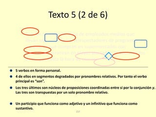 157
Texto 5 (2 de 6)
Son, en su mayoría, hijos de empleados medios que
llevan una vida media, telespectadores de programas
mediocres que compran en supermercados con
descuento, veranean en playas atestadas y duermen los
domingos hasta la hora de comer.
4 de ellos en segmentos degradados por pronombres relativos. Por tanto el verbo
principal es “son”.
5 verbos en forma personal.
Los tres últimos son núcleos de proposiciones coordinadas entre sí por la conjunción y.
Las tres son transpuestas por un solo pronombre relativo.
Un participio que funciona como adjetivo y un infinitivo que funciona como
sustantivo.
 