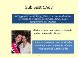 27
Sub Sust CAdv
Son muy poco frecuentes los casos en los que una Sub Sust
precedida de preposición desempeña la función de
complemento del adverbio
Marina e Irene no estuvieron lejos de
que les quitaran la cámara
Son más usuales en esta función las
subordinadas sustantivas de infinitivo
y las adjetivas sustantivadas
 