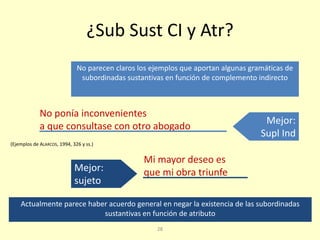 28
¿Sub Sust CI y Atr?
No parecen claros los ejemplos que aportan algunas gramáticas de
subordinadas sustantivas en función de complemento indirecto
(Ejemplos de ALARCOS, 1994, 326 y ss.)
Mejor:
Supl Ind
Mejor:
sujeto
No ponía inconvenientes
a que consultase con otro abogado
Mi mayor deseo es
que mi obra triunfe
Actualmente parece haber acuerdo general en negar la existencia de las subordinadas
sustantivas en función de atributo
 