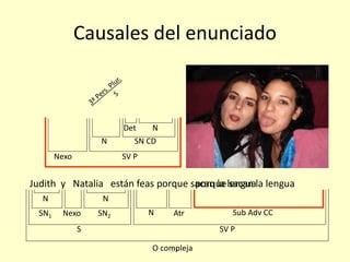 73
Causales del enunciado
Judith y Natalia están feas porque sacan la lenguaporque sacan la lengua
S SV P
N Sub Adv CC
O compleja
SN1 SN2 Atr
N N
Nexo
Nexo SV P
N SN CD
Det N
 
