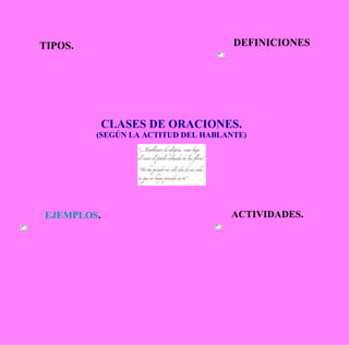 CLASES DE ORACIONES. (SEGÚN LA ACTITUD DEL HABLANTE) TIPOS. DEFINICIONES EJEMPLOS . ACTIVIDADES. 