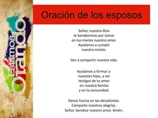 Oración de los esposos
Señor, nuestro Dios
te bendecimos por tomar
en tus manos nuestro amor.
Ayúdanos a cumplir
nuestra misión.
Ven a compartir nuestra vida.
Ayúdanos a formar a
nuestros hijos, a ser
testigos de tu amor
en nuestra familia
y en la comunidad.
Danos fuerza en los desalientos.
Comparte nuestras alegrías.
Señor, bendice nuestro amor. Amén.
 