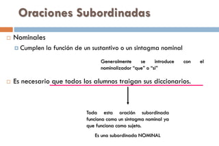 Oraciones Subordinadas
 Nominales
 Cumplen la función de un sustantivo o un sintagma nominal
 Es necesario que todos los alumnos traigan sus diccionarios.
Toda esta oración subordinada
funciona como un sintagma nominal ya
que funciona como sujeto.
Es una subordinada NOMINAL
Generalmente se introduce con el
nominalizador “que” o “si”
 
