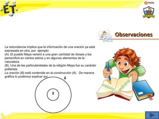 Inicio




                                                                      Observaciones
La redundancia implica que la información de una oración ya está
expresada en otra, por ejemplo:
(A) El pueblo Maya veneró a una gran cantidad de dioses y los
personificó en ciertos astros y en algunos elementos de la
naturaleza.
(B) Una de las particularidades de la religión Maya fue su carácter
politeísta.
La oración (B) está contenida en la construcción (A). De manera
gráfica lo podemos explicar así :
                                           A


                                   B
 