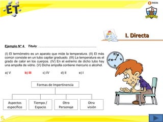 Inicio




                                                                                             I. Directa
Ejemplo N° 4     Título: .................................................................

(I) El termómetro es un aparato que mide la temperatura. (II) El más
común consiste en un tubo capilar graduado. (III) La temperatura es el
grado de calor en los cuerpos. (IV) En el extremo de dicho tubo hay
una ampolla de vidrio. (V) Dicha ampolla contiene mercurio o alcohol.

a) V           b) III           c) IV               d) II              e) I


                          Formas de Impertinencia



 Aspectos               Tiempo /                   Otro                         Otra
 específico              Espacio                 Personaje                      visión
 