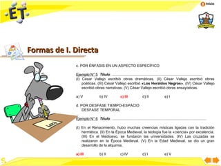 Inicio




Formas de I. Directa
             c. POR ÉNFASIS EN UN ASPECTO ESPECÍFICO

             Ejemplo N° 5 Título: ........................................................................................
             (I) César Vallejo escribió obras dramáticas. (II) César Vallejo escribió obras
                 poéticas. (III) César Vallejo escribió «Los Heraldos Negros». (IV) César Vallejo
                 escribió obras narrativas. (V) César Vallejo escribió obras ensayísticas.

             a) V                b) IV             c) III             d) II              e) I

             d. POR DESFASE TIEMPO-ESPACIO
                 DESFASE TEMPORAL

             Ejemplo N° 6 Título: ............................................................................................

             (I) En el Renacimiento, hubo muchas creencias místicas ligadas con la tradición
                 hermética. (II) En la Época Medieval, la teología fue la «ciencia» por excelencia.
                 (III) En el Medioevo, se fundaron las universidades. (IV) Las cruzadas se
                 realizaron en la Época Medieval. (V) En la Edad Medieval, se dio un gran
                 desarrollo de la alquimia.

             a) III              b) II             c) IV              d) I               e) V
 