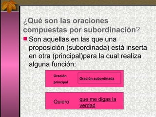 ¿ Qué son las oraciones compuestas por subordinación ? Son aquellas en las que una proposición (subordinada) está inserta en otra (principal)para la cual realiza alguna función: Oración principal Oración subordinada que me digas la verdad Quiero 